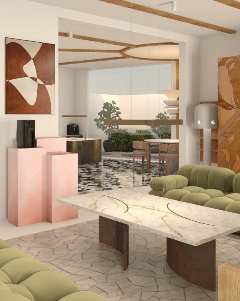 Salon d’appartement privé conçu par l’architecte Emmanuelle Neciolli