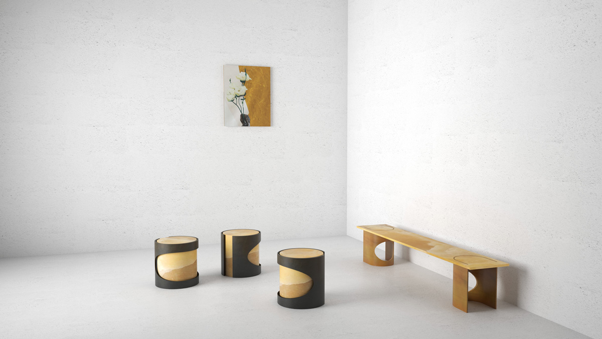 Ensemble de mobilier avec tables d’appoint et banc par l’architecte Emmanuelle Neciolli